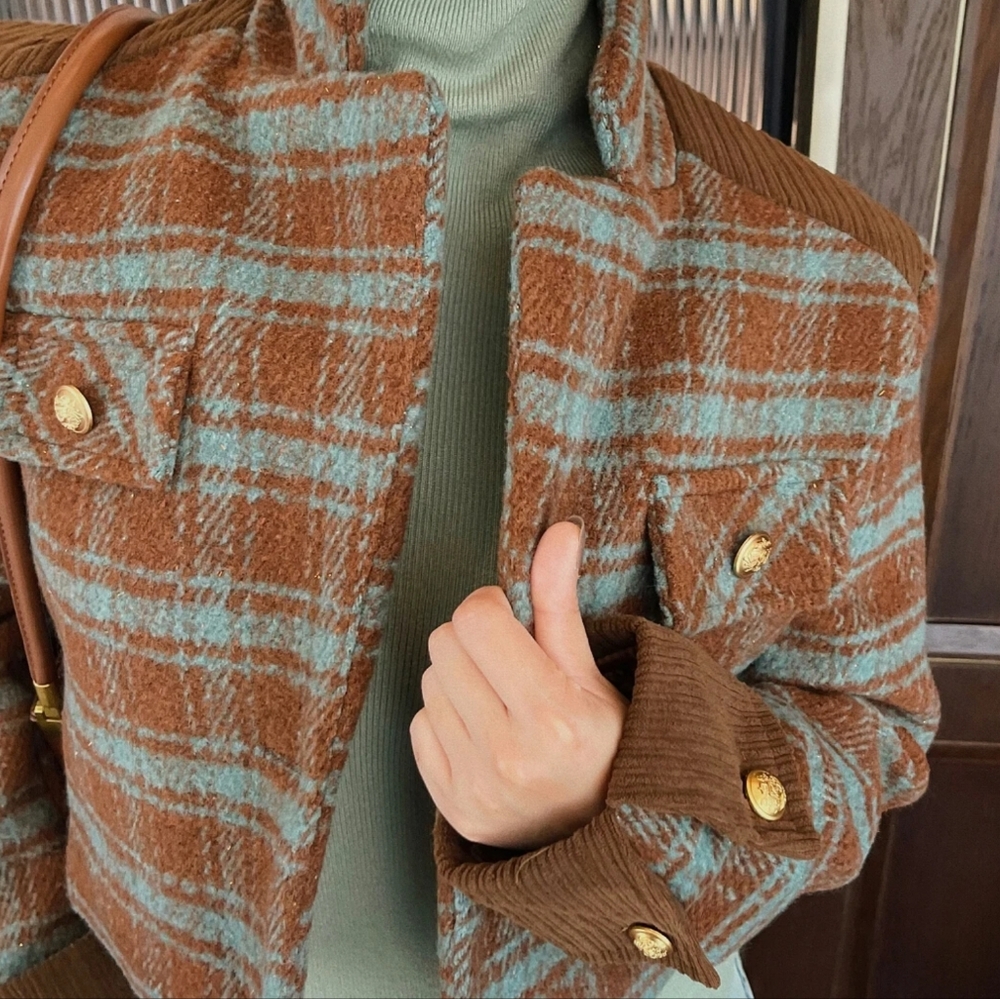 Plaid Tweed Jackets Coat Woman Clothing - Picture 3 of 7